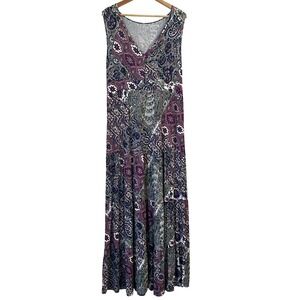 Garnet Hill Sleeveless Maxi Dress L Paisley Patchwork Stretch Jersey Knit Tiered